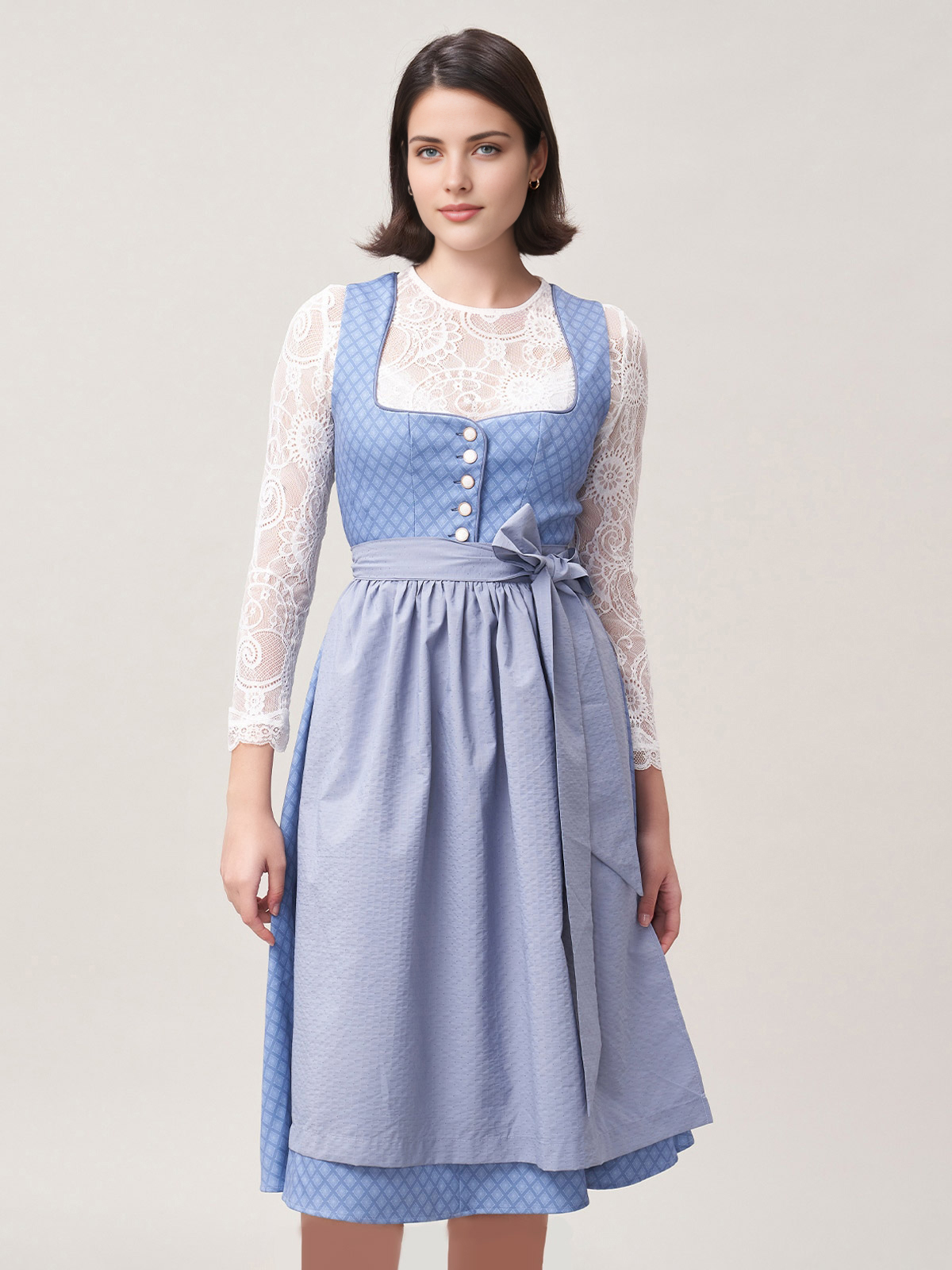 Dirndl in Blau mit weißer Spitzenbluse